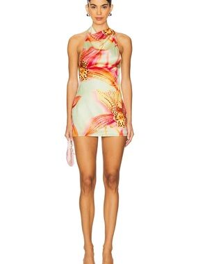 Jaded London Mint Floral Halter Mini Dress with Pink & Orange Accents